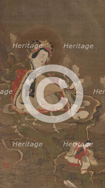 Benzaiten playing a biwa, ca 1400. Creator: Anonymous.