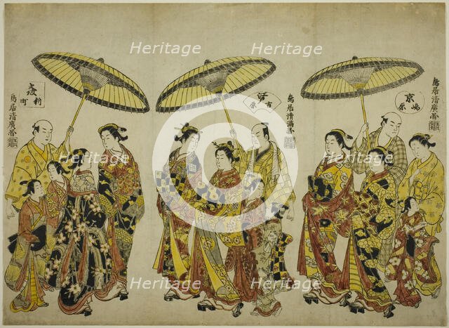 Beauties of the Three Capitals: Shimabara in Kyoto (right), Yoshiwara in Edo (center)..., c. 1755. Creator: Torii Kiyohiro.