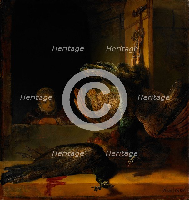 Still life with two Peacocks and a Girl, ca 1639. Artist: Rembrandt van Rhijn (1606-1669)