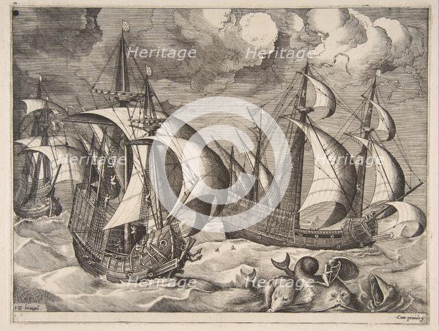Three Caravels in a Rising Squall with Arion on a Dolphin from The Sailing Vessels, 1561-65. Creator: Frans Huys.
