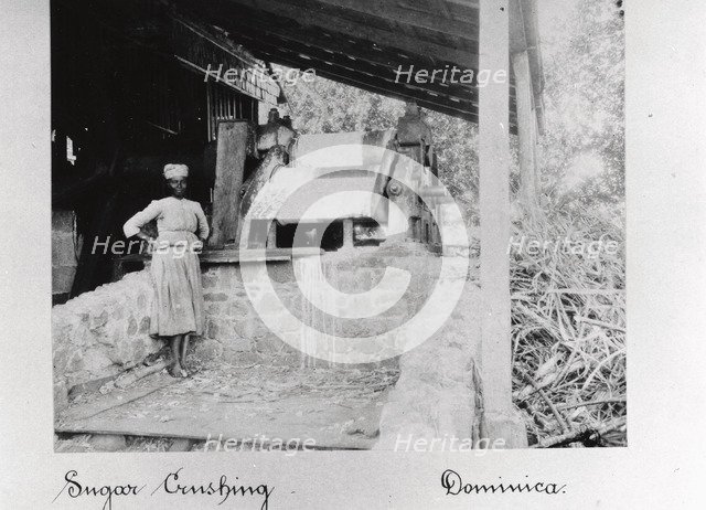 Woman stands in a sugar crushing mill, Dominica, 1897. Artist: Unknown