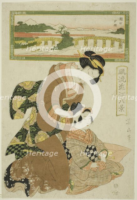 Evening Glow at Seta (Seta sekisho), from the series "Fashionable Eight Views of..., c. 1814/17. Creator: Kikukawa Eizan.