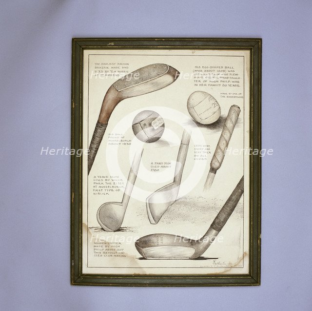 Early golf clubs, putters and balls. Artist: HB Martin