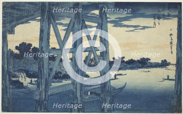 Twilight Moon at the Ryogoku Bridge (Ryogoku no yoizuki), from the series "Famous Views..., c. 1831. Creator: Ando Hiroshige.