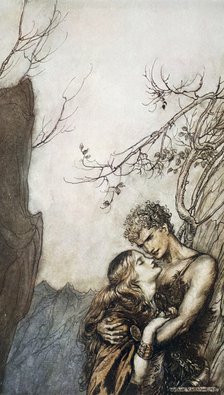 'Brunnhilde throws herself into Siegfried's arms', 1924.  Artist: Arthur Rackham