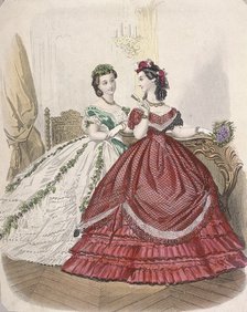 Two women wearing the latest indoor fashions, c1850. Artist: Anon