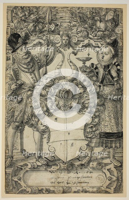 The Arms of Habsberg Flanked by an Elegant Couple, 1587. Creator: Daniel Lindtmayer.