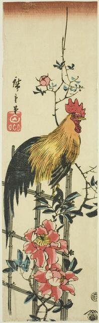 Rooster perched on rose trellis, 1854. Creator: Ando Hiroshige.