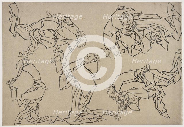 Five musicians playing drums, late 18th-early 19th century. Creator: Hokusai.