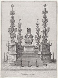 Catafalque for Pope Clement X; central structure at the top of a fifteen step platform, wi..., 1676. Creator: Giovanni Battista Falda.