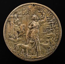 Ippolita as Diana with Hunting Dogs in a Landscape; behind her Pluto and Cerberus [reverse], 1551. Creator: Leone Leoni.