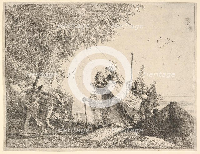 Mary, helped by Joseph and an angel, stepping from a boat to the shore, an angel steadies ..., 1753. Creator: David Giovanni.