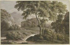 River landscape with trees and figures, late 18th century. Creator: Franz Kobell.