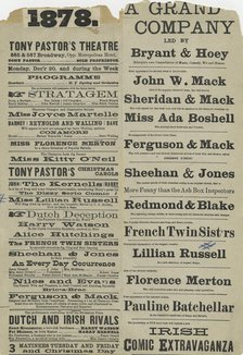 Two playbills advertising Tony Pastor's Vaudeville acts, ca. 1878.,  1875 - 1880. Creator: Unknown.