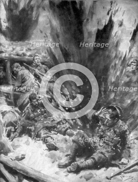 'A German Shell Explodes in a British Trench', 1914, (1926). Creator: Arthur C Michael.