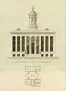 Façade Design and Old Plan for the First Merchant's Exchange, New York..., ca. 1829. Creator: Alexander Jackson Davis.
