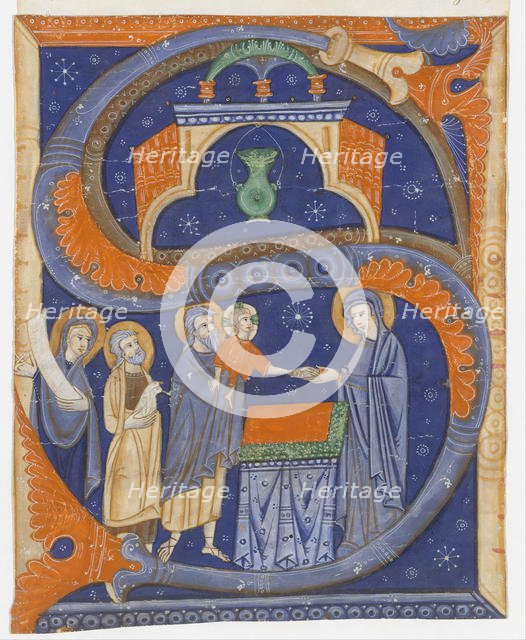 Manuscript Illumination with the Presentation of Christ in the Temple in an Initial S..., ca. 1278. Creator: Master of Bagnacavallo.
