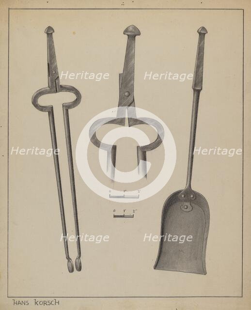 Fire Tongs and Shovel, c. 1937. Creator: Hans Korsch.