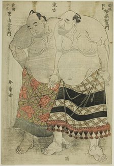 Sumo Wrestlers of the Eastern Group: (right) Nijigadake Somaemon of Sekiwake Rank fro..., c. 1782/83 Creator: Shunsho.