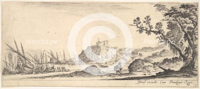Plate 7: various boats on shore to left, a man carrying a bag, seen from behind and wa..., ca. 1641. Creator: Stefano della Bella.