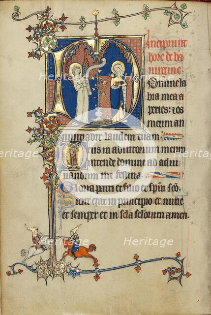 Initial D: The Annunciation; Initial D: A Young Man Praying to Christ in the Clouds, about 1300. Creator: Unknown.