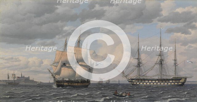 Russian sailing ships at the mouth of Helsingør harbor, 1826. Creator: CW Eckersberg.