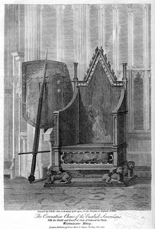 The coronation chair of the English sovereigns, Westminster Abbey, London, 1810.Artist: John Roffe