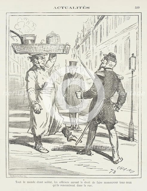 Tout le monde étant soldat, les officiers auront le droit de faire manoeuvrer..., 1871. Creator: Cham.