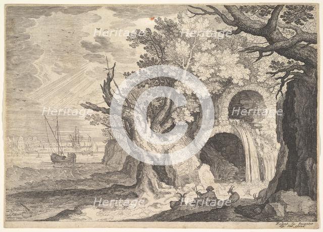 Ruined aqueduct with water spilling from it to a stream below, ships at sea beyond, a ..., ca. 1600. Creator: Aegidius Sadeler II.