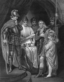 Balliol surrendering his crown to Edward I of England, 1296.Artist: J Rogers