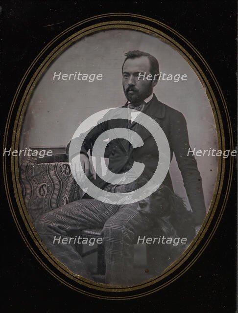 Man Seated at Table with Dog, 1840s. Creator: Unknown.