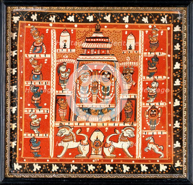 Balarama, Subhadra and Jagannath in the temple at Puri, with other figures in a..., c1880/1910. Creator: Unknown.