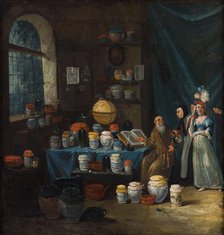 A philosopher in his study, consulted by an old woman to determine from a flask of urine, 1680-1799. Creator: Egbert van Heemskerck I.