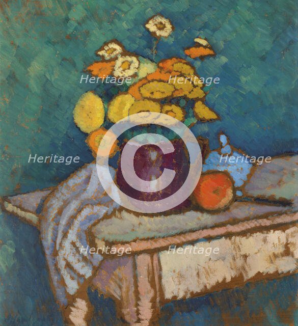 Still life with cloth, flowers in jug and apple, 1909-1910. Creator: Javlensky, Alexei, von (1864-1941).