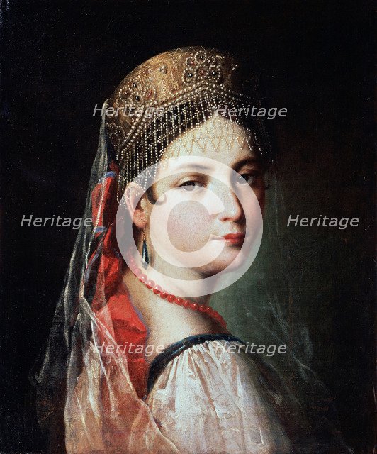 'Portrait of a Young woman in Sarafan and Kokoshnik', 1820s.  Artist: Mauro Gandolfi