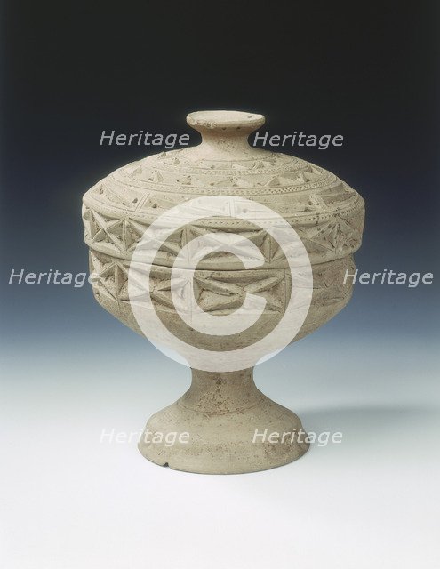 Grey unglazed pottery covered dou, Late Warring States - Western Han period, China, c162 BC. Artist: Unknown