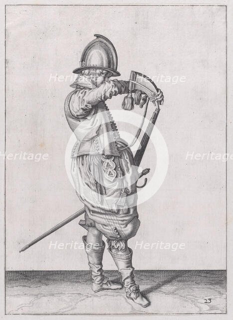 A soldier charging his caliver which is held stock down, from the Marksmen serie..., published 1608. Creator: Robert Willemsz de Baudous.