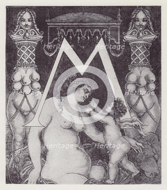 Initial Letter M (Venus) to Volpone, 1898. Creator: Aubrey Beardsley.