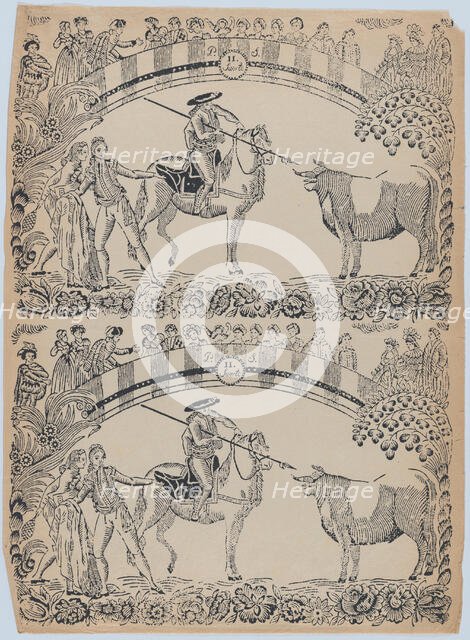 Suerte II: Picador on horseback about to stab a bull with a pique; two toreros behi..., ca. 1850-80. Creator: Anon.