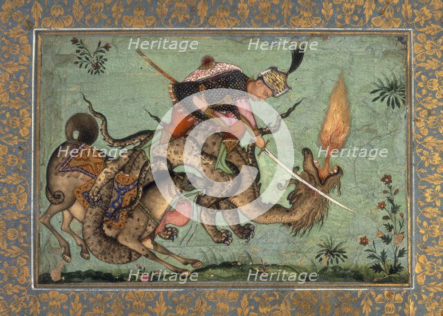 Rustam and his horse Rahksh fighting a dragon. 1640-1660.  Creator: Unknown.