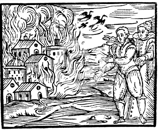 Witches destroying a house by fire  - Swabia, 1533. Artist: Unknown