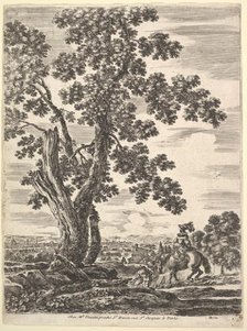A woman on horseback seen from behind descending a hill to the right, a large tree ..., ca. 1652-57. Creator: Stefano della Bella.