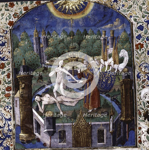 The creation of Eve from the body of the sleeping Adam (From De cleres et nobles femmes by Giovanni Boccaccio), 1450-1475. Artist: Maître François (active 1460-1480)