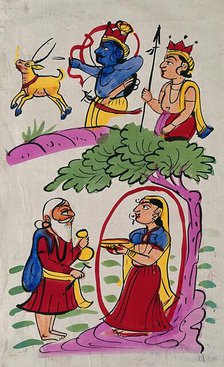 Sita being lured by a disguised Ravana, while Rama and Laksmana hunt in the forest. Creator: Unknown.