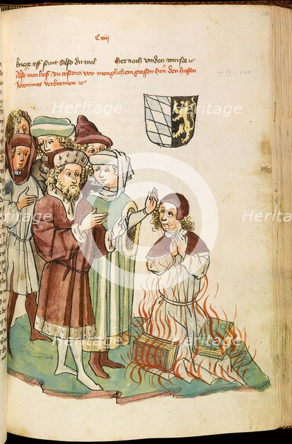 Burning of Jan Hus at the stake (From: The life and times of the Emperor Sigismund by Eberhard Windeck), c. 1450. Artist: Lauber, Diebold, (Workshop)  