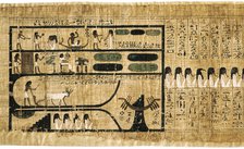 Ancient Egyptian Book of the Dead on papyrus showing written hieroglyphs. Artist: Unknown