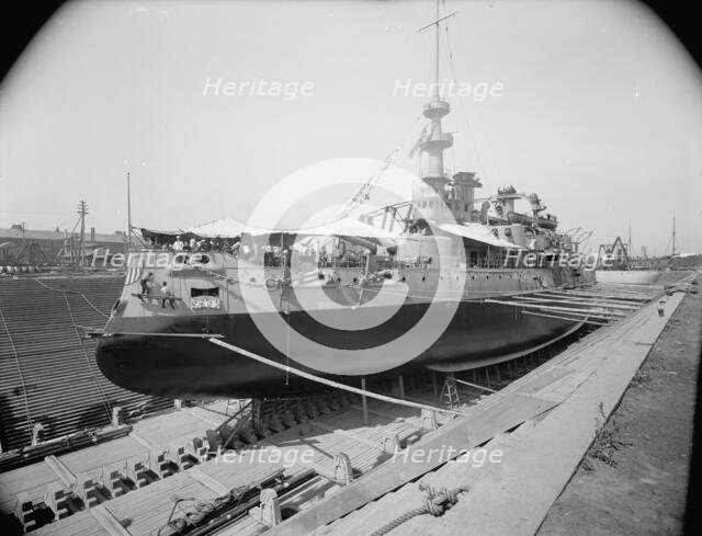 U.S.S. Oregon in dry dock, Brooklyn Navy Yard, 1898 Aug-Oct. Creator: William H. Jackson.