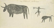 Copies after San rock-paintings of an ox, a baboon, and a man, 1777. Creator: Robert Jacob Gordon.