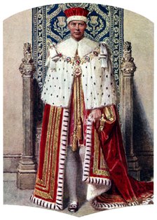 George VI in coronation robes: the Crimson Robe of State, with the Cap of Maintenance, 1937.Artist: Fortunino Matania