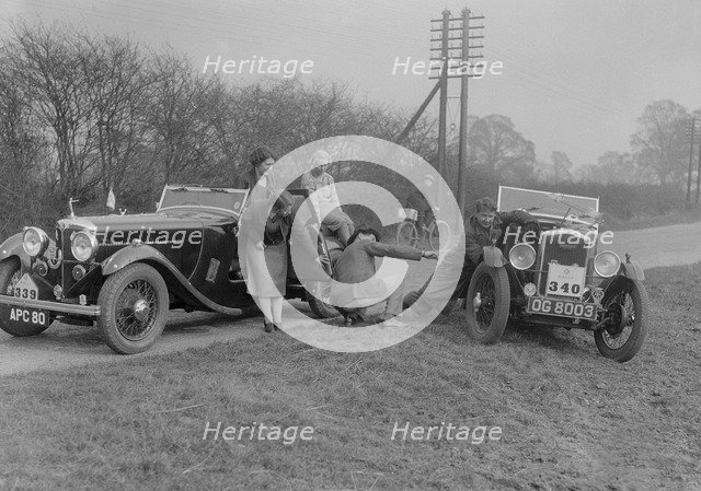 AC 4-seater tourer of Kitty Brunell and a Wolseley Hornet at the RAC Rally, 1933. Artist: Bill Brunell.